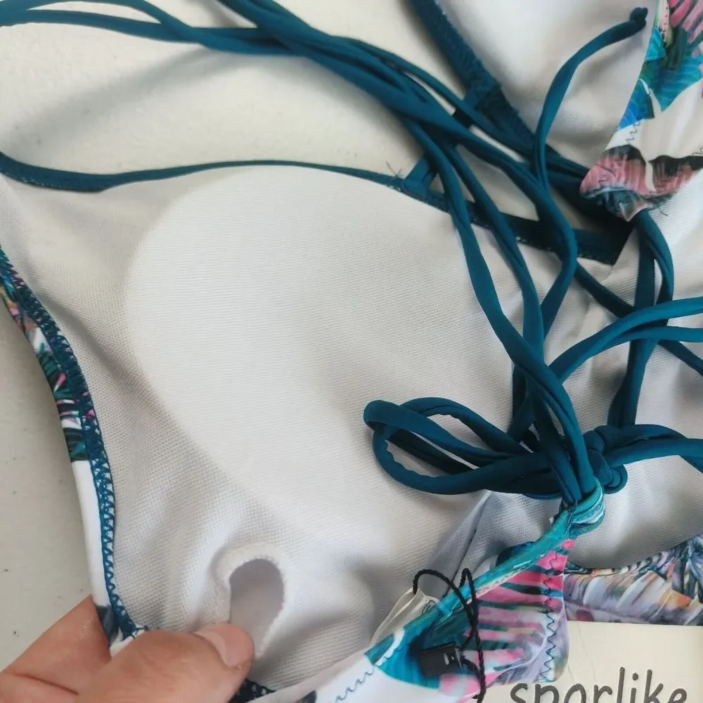 Sporlike‎ one piece swimsuit with V-neck cross back blue color palm designs sz M